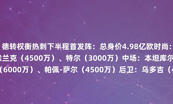 德转权衡热刺下半程首发阵：总身价4.98亿欧时尚：孙兴慜（3800万）、索兰克（4500万）、特尔（3000万）中场：本坦库尔（3500万）、库卢（6000万）、帕佩-萨尔（4500万）后卫：乌多吉（4500万）、范德文（5500万）、罗梅罗（6500万）、波罗（4500万）门将：维卡里奥（3500万）德转权衡维拉下半程首发阵：总身价4.05亿欧时尚：沃特金斯（5500万）、摩根-罗杰斯（4000万）中场：拉什福德（5500万）、奥纳纳（5500万）、蒂莱曼斯（3000万）、麦金（2300万）后卫：迪涅（1200万）、保-托雷斯（4500万）、迪萨西（3000万）、孔萨（3500万）门将：马丁内斯（2500万）德转权衡纽卡下半程首发阵：总身价4.20亿欧时尚：戈登（6000万）、伊萨克（7500万）、墨菲（1400万）中场：朗斯塔夫（2500万）、托纳利（3800万）、吉马良斯（8000万）后卫：霍尔（2500万）、博特曼（4500万）、沙尔（900万）、利夫拉门托（3500万）门将：波普（1400万）体育集锦