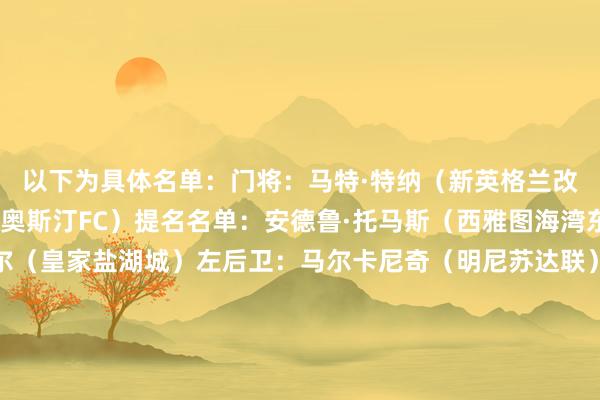 以下为具体名单：门将：马特·特纳（新英格兰改进）布拉德·斯图弗（奥斯汀FC）提名名单：安德鲁·托马斯（西雅图海湾东说念主）、卡巴拉尔（皇家盐湖城）左后卫：马尔卡尼奇（明尼苏达联）泰特·约翰逊（温哥华白浪）提名名单：里基茨（圣何塞地震）、佩顿·米勒（新英格兰改进）右后卫：埃切尼克（辛辛那提）纳亚尔（纳什维尔）提名名单：韦斯特菲尔德（费城联）、奥坎姆波（温哥华白浪）中卫：拉根（西雅图海湾东说念主）、拉沃尔达（温哥华白浪）提名名单：波蒂厄斯（洛杉矶FC）、阿格耶芒（夏洛特FC）注意型中场：德保罗（迈阿密海外）、贝尔哈特（温哥华白浪）提名名单：特维斯科夫（圣迭戈FC）、科埃洛（多伦多FC）挫折型中场：迭戈·鲁纳（皇家盐湖城）、穆赫塔尔（纳什维尔）提名名单：伊万德（辛辛那提）、哈特尔（圣路易斯）时尚：梅西（迈阿密海外）、屈佩尔（芝加哥火焰）提名名单：维尔纳（圣何塞地震）、索兰斯（皇家盐湖城）    体育录像/图片